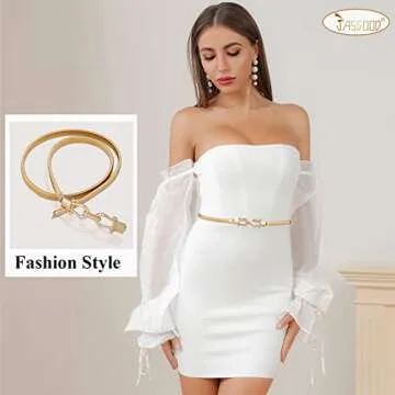 JASGOOD Skinny Metal Waist Belt for Dress Fashion Gold Waistband Elastic Metal Chain Belt, A-Gold