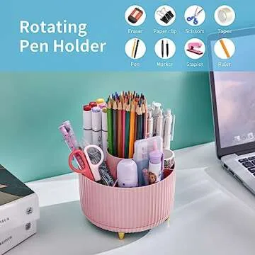 Marbrasse Desk Organizer, 360-Degree Rotating Pen Holder for Desk, Desk Organizers and Accessories with 5 Compartments Pencil Organizer, Art Supply Storage Box Caddy for Office, Home （Pink）