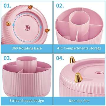 Marbrasse Desk Organizer, 360-Degree Rotating Pen Holder for Desk, Desk Organizers and Accessories with 5 Compartments Pencil Organizer, Art Supply Storage Box Caddy for Office, Home （Pink）