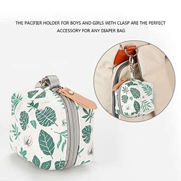 MOMIGO Pacifier Case Bag - Pacifier Holder with Clip for Diaper Bag Stroller Purse Charm, Holds 2 Pacifiers Outdoor Travel (Green Leaf)