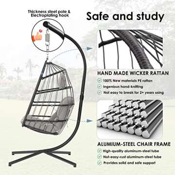 Egg Swing Chair with Stand Hanging Egg Chair Outdoor - Rattan Wicker Patio Hanging Basket Chair Hammock Chair with Aluminum Steel Frame and UV Resistant Cushion for Indoor Bedroom Balcony (Grey)