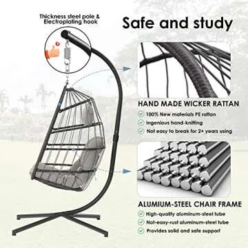 Egg Swing Chair with Stand Hanging Egg Chair Outdoor - Rattan Wicker Patio Hanging Basket Chair Hammock Chair with Aluminum Steel Frame and UV Resistant Cushion for Indoor Bedroom Balcony (Grey)