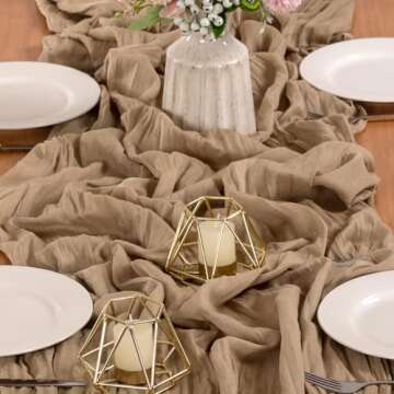 MLMW 6 Pack Tan Cheesecloth Table Runner Boho Cheese Cloth Runner Extra Long 160 inch Spring Rustic Gauze Sheer Table Runner 13.3ft for Wedding Party Baby Bridal Shower Birthday