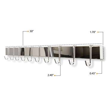 Wallniture Volkan Kitchen Utensil Holder Rail, Wall Rack with Hooks for Hanging Pots and Pans, 30" Chrome Set of 4