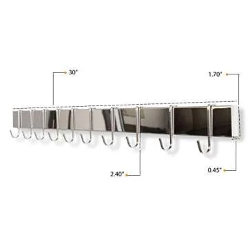 Wallniture Volkan Kitchen Utensil Holder Rail, Wall Rack with Hooks for Hanging Pots and Pans, 30" Chrome Set of 4