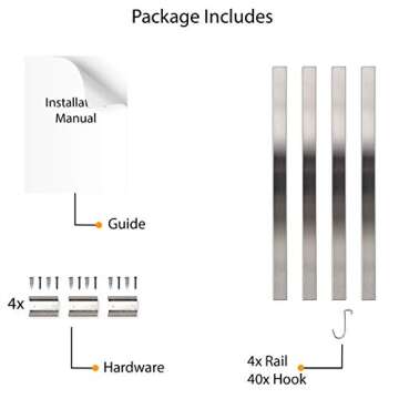 Wallniture Volkan Kitchen Utensil Holder Rail, Wall Rack with Hooks for Hanging Pots and Pans, 30" Chrome Set of 4