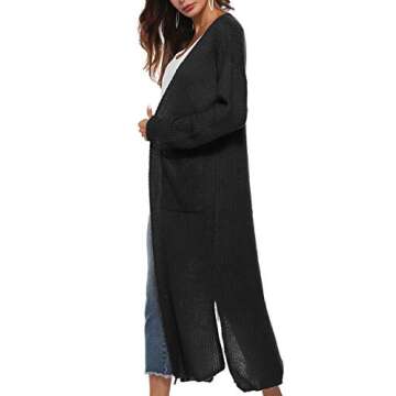 Kistore Womens Casual Winter Long Sleeve Split Hem Open Front Cardigan Long Maxi Cardigan Sweaters Dusters Black S