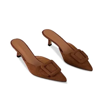 Fericzot Mule Slippers for Women,Slingback Buckle Pumps Pointed Toe Kitten Heels Shoes Slides Backless Dress Sandals Brown 7