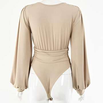 Weigou Women Jumpsuits Long Sleeve V Neck Pleated Loose Bodysuits Tops For Women Leotard Shirts (Khaki(1), S)