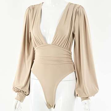 Weigou Women Jumpsuits Long Sleeve V Neck Pleated Loose Bodysuits Tops For Women Leotard Shirts (Khaki(1), S)