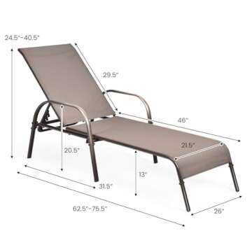 Giantex 2 Pack Patio Lounge Chair, Outdoor Chaise Lounge with 5 Adjustable Backrest, Sturdy Steel Fr...
