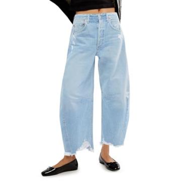 Cicy Bell Womens Baggy Barrel Jeans Horseshoe Wide Leg Boyfriend Cropped Raw Hem Denim Pants Wash Bl...