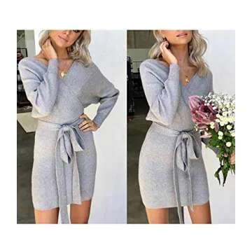 Mansy Women's Sexy Cocktail Batwing Long Sleeve Backless Mock Wrap Knit Sweater Mini Dress (S, Gray)