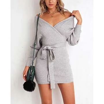Mansy Women's Sexy Cocktail Batwing Long Sleeve Backless Mock Wrap Knit Sweater Mini Dress (S, Gray)