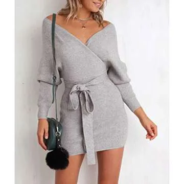 Mansy Women's Sexy Cocktail Batwing Long Sleeve Backless Mock Wrap Knit Sweater Mini Dress (S, Gray)