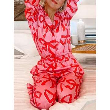 LILTWIST Holiday Cute Bow Pajamas Women Silk Satin Pink Heart Print Pjs 2 Piece Long Sleeve Shirt Ma...
