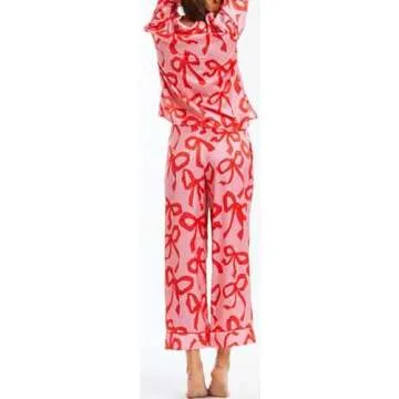 LILTWIST Holiday Cute Bow Pajamas Women Silk Satin Pink Heart Print Pjs 2 Piece Long Sleeve Shirt Matching Lounge Pants Set