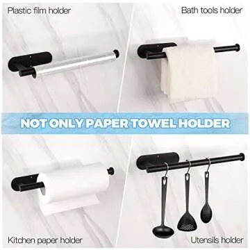 Adhesive Black Paper Towel Holder Under Cabinet, SUS304 Stainless Steel Wall Mount Paper Towel Holder for Kitchen, Countertop, Cabinet, Bathroom