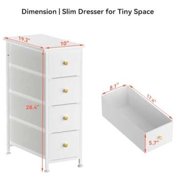 YILQQPER Narrow Dresser Storage Tower with 4 Drawers, Slim Dresser Chest of Drawers with Steel Frame, Wood Top, Golden Knobs, for Bedroom, Bathroom, Small Spaces, Laundry, Closet, White