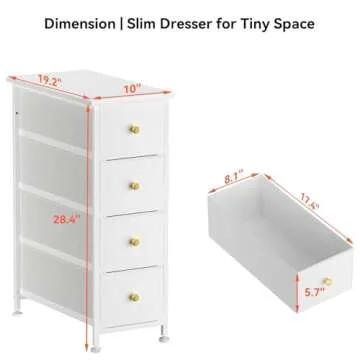 YILQQPER Narrow Dresser Storage Tower with 4 Drawers, Slim Dresser Chest of Drawers with Steel Frame, Wood Top, Golden Knobs, for Bedroom, Bathroom, Small Spaces, Laundry, Closet, White