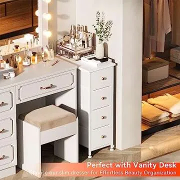 YILQQPER Narrow Dresser Storage Tower with 4 Drawers, Slim Dresser Chest of Drawers with Steel Frame, Wood Top, Golden Knobs, for Bedroom, Bathroom, Small Spaces, Laundry, Closet, White
