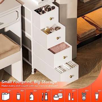YILQQPER Narrow Dresser Storage Tower with 4 Drawers, Slim Dresser Chest of Drawers with Steel Frame, Wood Top, Golden Knobs, for Bedroom, Bathroom, Small Spaces, Laundry, Closet, White
