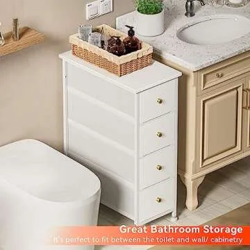 YILQQPER Narrow Dresser Storage Tower with 4 Drawers, Slim Dresser Chest of Drawers with Steel Frame, Wood Top, Golden Knobs, for Bedroom, Bathroom, Small Spaces, Laundry, Closet, White