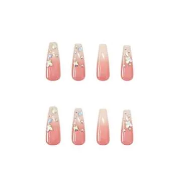 Kamize Ballerina Long Press on Nails Gradient Fake Nails Pink Tips Coffin Full Cover Luxury False Nails for Women and Girls24PCS