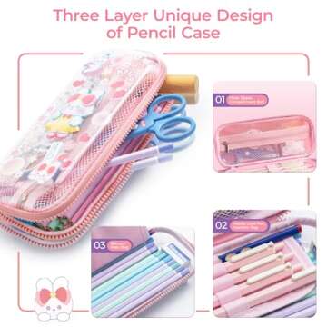 M&G Pencil Case, Large Capacity Pencil Pouch Multi-Slot Pencil Case Organizer, Cute Portable Pencil Bag Transparent Stationary with Zipper for Makeup Brush Teen Boys Girls Office Students(Pink)