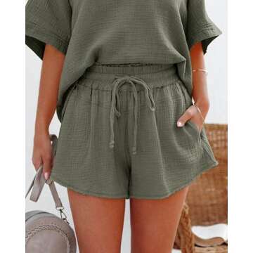 ONLYSHE Women Ladies Frayed Edges Shorts Summer Casual Loose Comfy Drawstring Elastic Waist Pocketed Shorts Pants ArmyGreen-XL