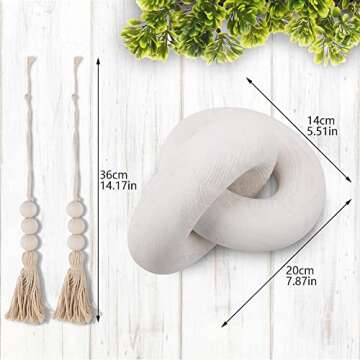 Just E Joy Living Room Wood Knot Decor - Hand Carved 2-Link Decorative Knot with 2 pcs Wood Bead Tassels, Farmhouse Coffee Table Decor (White)