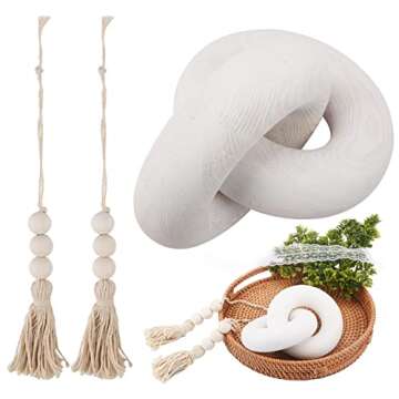 Just E Joy Living Room Wood Knot Decor - Hand Carved 2-Link Decorative Knot with 2 pcs Wood Bead Tassels, Farmhouse Coffee Table Decor (White)