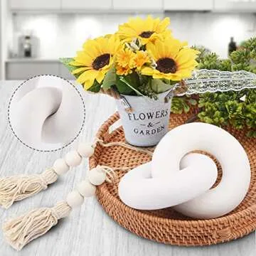 Just E Joy Living Room Wood Knot Decor - Hand Carved 2-Link Decorative Knot with 2 pcs Wood Bead Tassels, Farmhouse Coffee Table Decor (White)