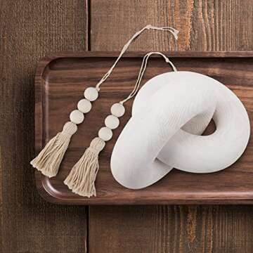 Just E Joy Living Room Wood Knot Decor - Hand Carved 2-Link Decorative Knot with 2 pcs Wood Bead Tassels, Farmhouse Coffee Table Decor (White)