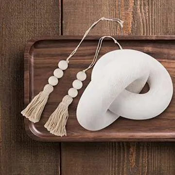 Just E Joy Living Room Wood Knot Decor - Hand Carved 2-Link Decorative Knot with 2 pcs Wood Bead Tassels, Farmhouse Coffee Table Decor (White)