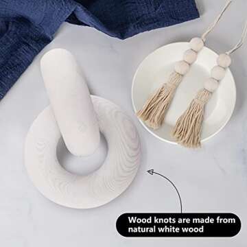 Just E Joy Living Room Wood Knot Decor - Hand Carved 2-Link Decorative Knot with 2 pcs Wood Bead Tassels, Farmhouse Coffee Table Decor (White)