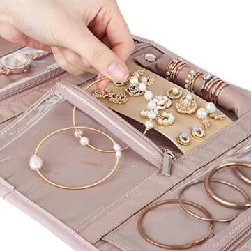 BELALIFE Travel Jewelry Case Organizer, Foldable Storage Roll for Earrings, Necklaces, Rings, Bracelets, Brooches, Pink