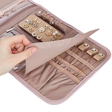 BELALIFE Travel Jewelry Case Organizer, Foldable Storage Roll for Earrings, Necklaces, Rings, Bracelets, Brooches, Pink