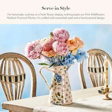 MACKENZIE-CHILDS Practical Enamel Pitcher with Spout, Drink Pitcher for Iced Tea or Water, Flower Vase, Medium, Pink Wildflowers