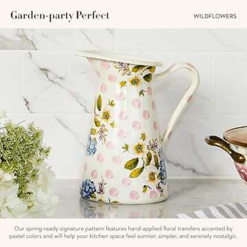 MACKENZIE-CHILDS Practical Enamel Pitcher with Spout, Drink Pitcher for Iced Tea or Water, Flower Vase, Medium, Pink Wildflowers