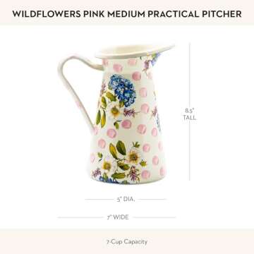 MACKENZIE-CHILDS Practical Enamel Pitcher with Spout, Drink Pitcher for Iced Tea or Water, Flower Vase, Medium, Pink Wildflowers