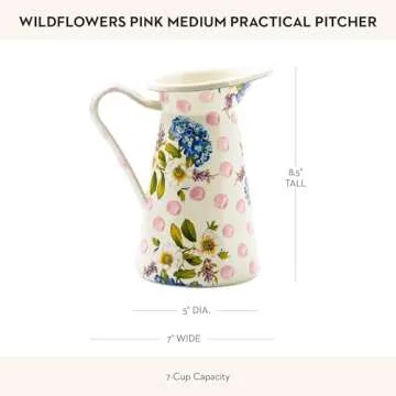 MACKENZIE-CHILDS Practical Enamel Pitcher with Spout, Drink Pitcher for Iced Tea or Water, Flower Vase, Medium, Pink Wildflowers