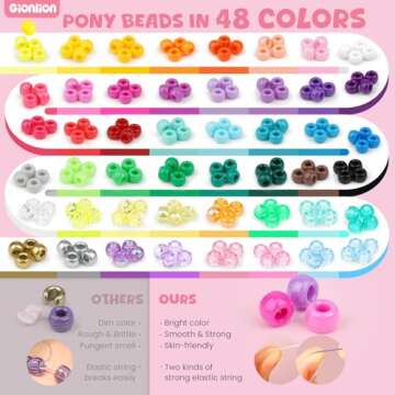 Gionlion 4200Pcs Pony Beads for Bracelet Making Kit, 48 Colors Kandi Beads Bracelet Kit, 2500pcs Rai...
