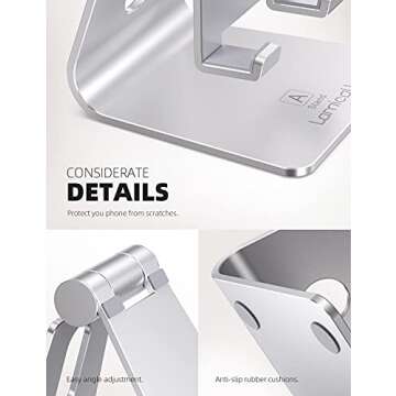 Lamicall Adjustable Cell Phone Stand, Desk Phone Holder, Cradle, Dock, for iPhone 16 15 14 13 12 Mini 11 Pro Xs Max XR X 8 7 6 Plus SE, Office Accessories,Smartphone - Silver