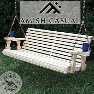 Amish Casual 4 Foot Roll Back Porch Swing with Cup Holders in Unfinished - Amish Made in The USA fro...