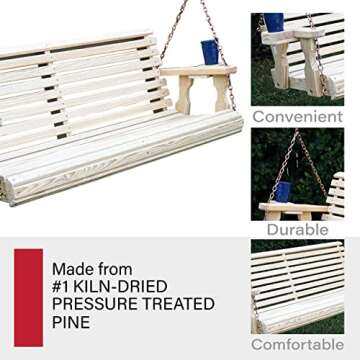 Amish Casual 4 Foot Roll Back Porch Swing with Cup Holders in Unfinished - Amish Made in The USA from Treated Pine Heavy Duty 700 Lb. Weight Capacity