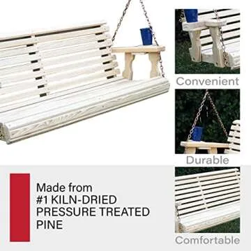 Amish Casual 4 Foot Roll Back Porch Swing with Cup Holders in Unfinished - Amish Made in The USA from Treated Pine Heavy Duty 700 Lb. Weight Capacity