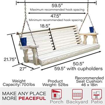 Amish Casual 4 Foot Roll Back Porch Swing with Cup Holders in Unfinished - Amish Made in The USA from Treated Pine Heavy Duty 700 Lb. Weight Capacity