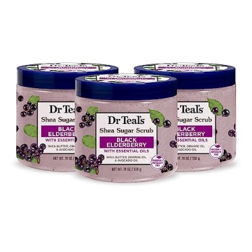 Dr Teal's Shea Sugar Body Scrub, Black Elderberry, and Essential Oils - Pack of 3, Luxurious Exfolia...
