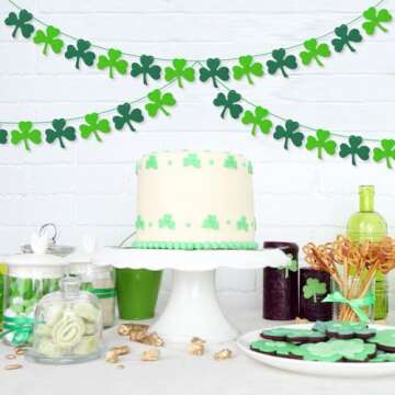 AKEROCK St. Patrick's Day Decorations - Felt Shamrock Garlands (2 Pack, 8.2 ft Each, Dark & Light Green Shamrocks) for Home, Wall, Porch, Party